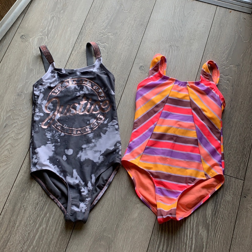 Justice Kids One-Piece Swimsuits - Gray Tie-Dye & Multicolor Stripes